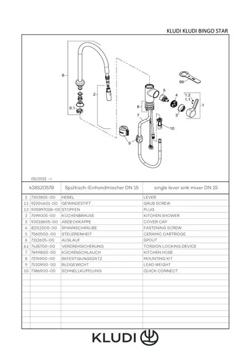 Kludi Wasserhahn mit herausziehbarer Brause, zerlegbar in mehrere Komponenten, dargestellt in einem technischen Diagramm mit Teilenummern und Beschreibungen.